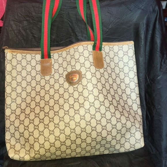 Authentic GUCCI Plus Supreme Gg Coated Canvas Web Sherry Red / Green Line Tote